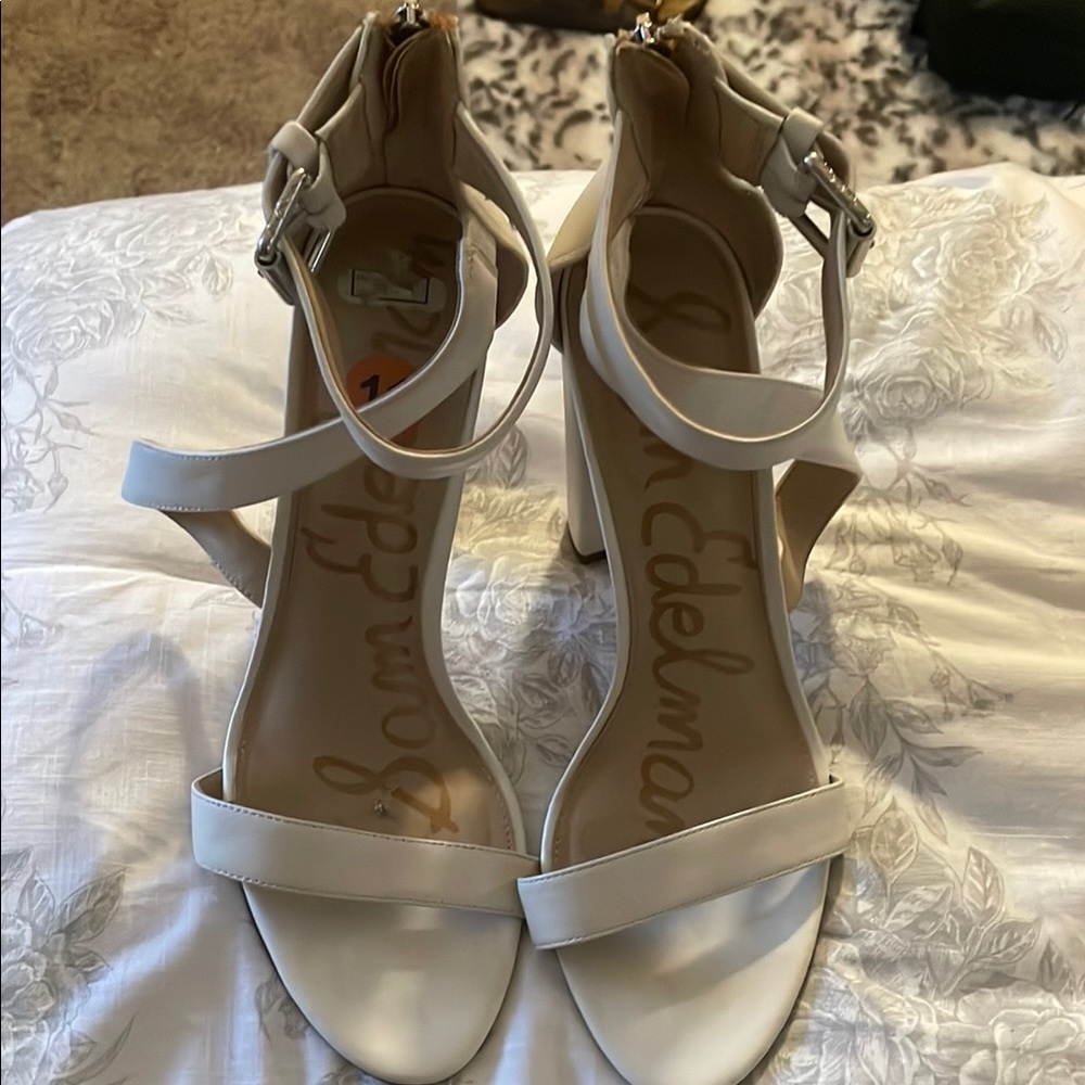 Sam Edelman White Heels with Strappy T-Strap Design
